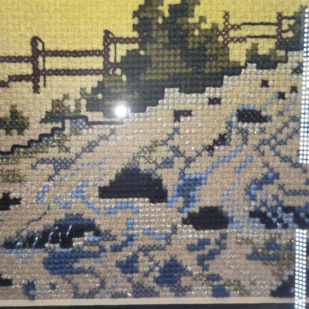 Vintage Handmade Mountain Cabin Landscape Cross Stitch Tapestry Framed 14x16